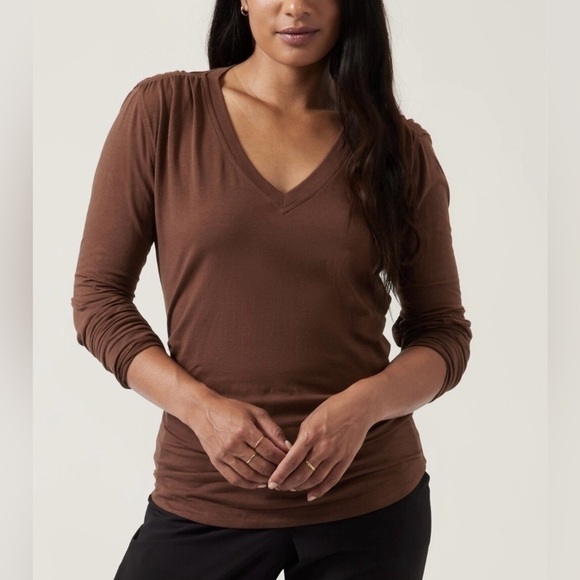 Athleta Tops - Athleta Outbound Chocolate Brown V-Neck Long Sleeve Ruched Tee, Athleisure, XS